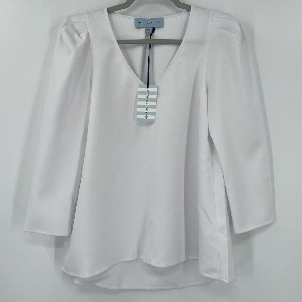 Tuckernuck Women's White Tetley Blouse Puff Sleeve Flowy Top Career Casual XS